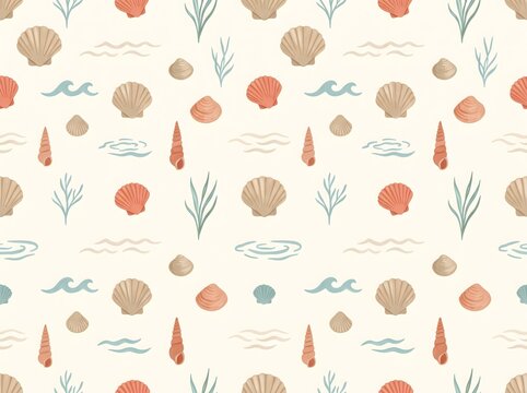 Seashell seamless pattern, ocean beach background, nautical summer wallpaper