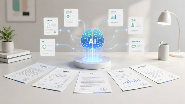 Artificial intelligence brain analyzing and categorizing business documents like contracts and invoices on an office desk