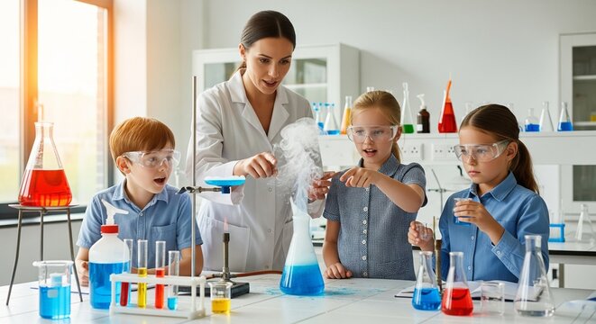 Young students excitedly conducting a fun science experiment with a teacher in a bright classroom