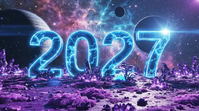 Glowing neon 2027 numbers on alien crystal planet in space
