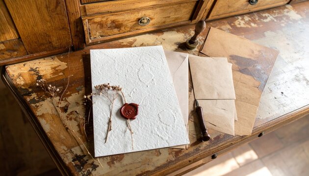 Artisan Stationery Set with Textured Paper, Wax Seal, and Dried Floral Accents on a Vintage Wooden Desk