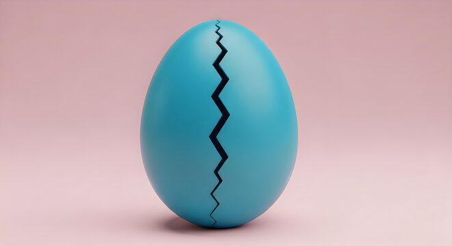 A single bright blue egg with a zigzag crack down the center on a pink background