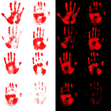 Bloody handprints collection on black and white backgrounds, red blood hand prints set, horror graphic design elements
