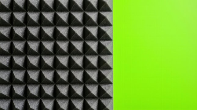 Acoustic foam panel on bright green background. Abstract concept of biohacking sensory deprivation and soundproof laboratory environment.