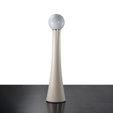 1970s designer floor lamp featuring an elongated cone-shaped silhouette in lacquered fiberglass and chromed metal with a spherical opal glass diffuser.