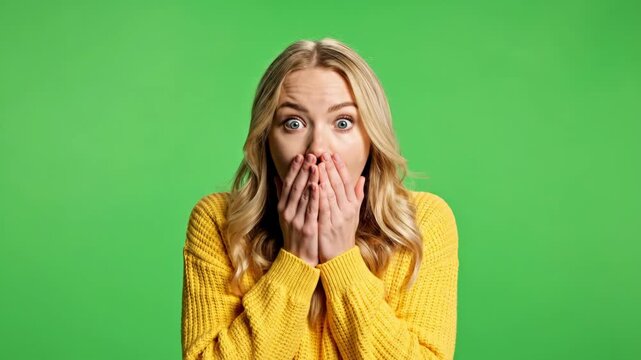 Young blonde woman looking surprised with hands covering her mouth against a green background.