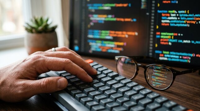 Close-up of a software developer's hands typing on a mechanical keyboard in front of dual monitors showing computer code, with glasses and a succulent on a wooden desk at home.