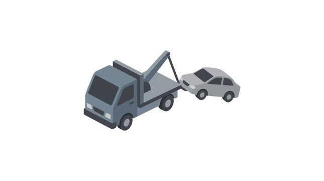 Isometric illustration of a grey tow truck towing a car