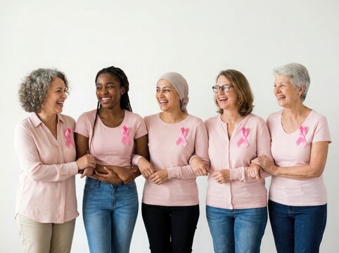 A diverse group of happy women wearing pink shirts and ribbons standing together to support breast cancer awareness month in a studio