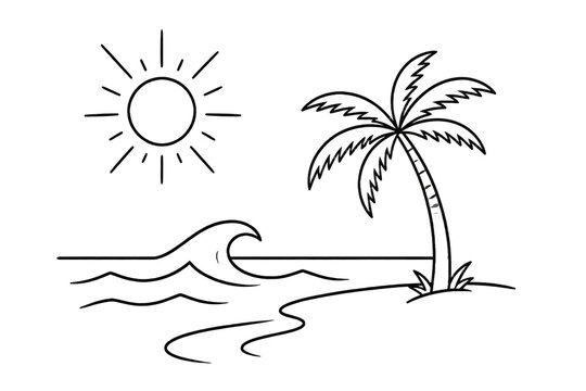 Hand drawn tropical beach scene with palm tree and waves