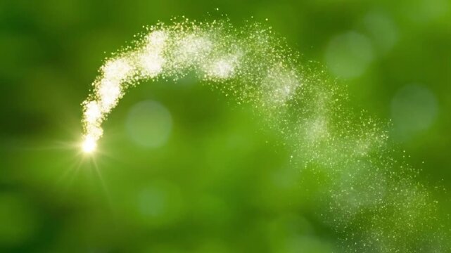 Golden sparkling dust trail moving in magical arc against blurred green forest background during smooth digital video animation sequence capture