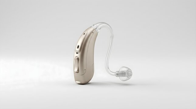 Modern digital hearing aid, beige medical device, hearing loss equipment