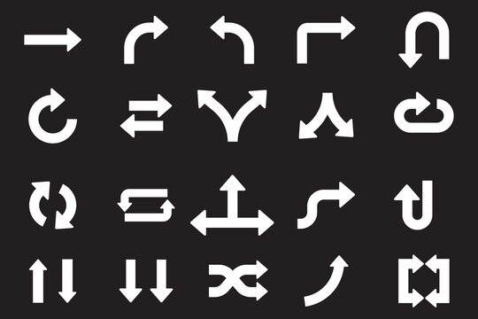 Arrow direction icon set vector, curved, turning, looping, reversing and bidirectional arrow symbols collection, bold navigation and workflow icons for app, web, infographic and UI design