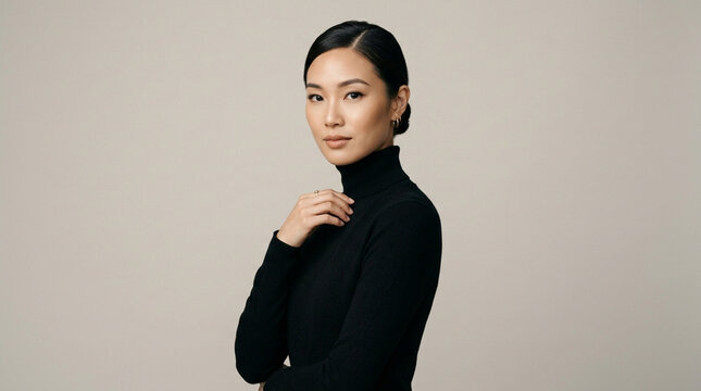 Asian woman portrait black turtleneck minimalist studio elegant confident poised calm expression