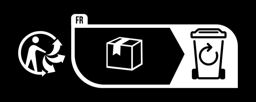 French Triman Recycling Label with Cardboard Box Sorting Arrow and Bin Icon for Packaging Disposal Compliance