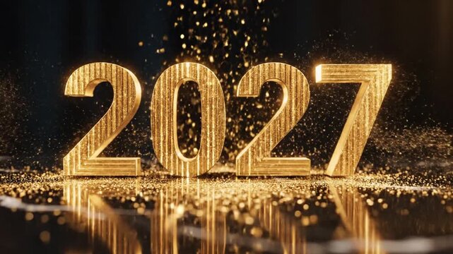 Gold 2027 numbers on reflective marble with falling glitter