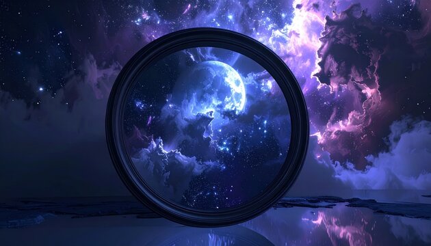 Circular mirror reflecting a vibrant blue and purple with a prominent moon.