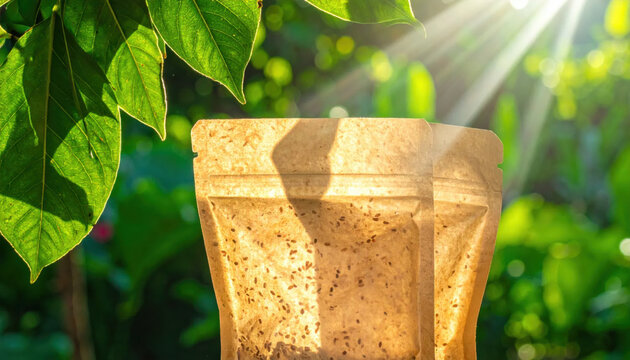 Brown kraft paper pouch filled with seeds, set against lush green foliage and sun rays outdoors