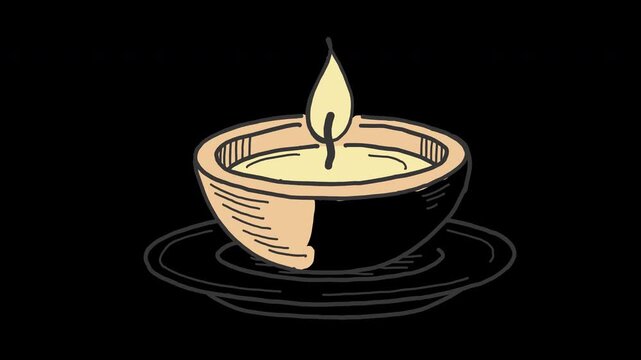 clay oil lamp flame spiritual diwali ritual diya deepak hindu prayer 4K Hand Drawn Animation with alpha transparent background