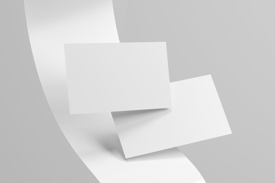 Business card mockup set with two floating blank white horizontal cards on abstract curved background, modern minimalist corporate identity layout front perspective view, 3d render