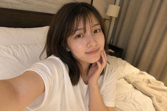 寝室で白いTシャツを着て自撮りする女性