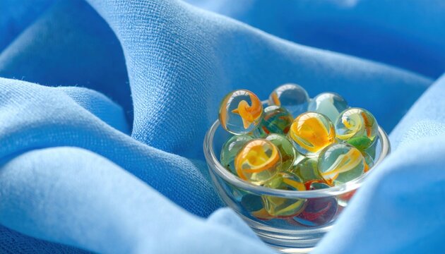 Vibrant glass marbles with orange swirls resting in a clear bowl against draped blue fabric