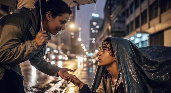 Emotional street encounter between strangers under city lights at night