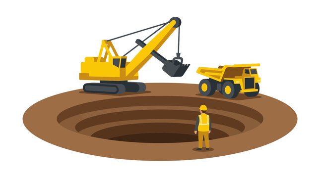 Construction site with excavator dump truck and deep excavation pit