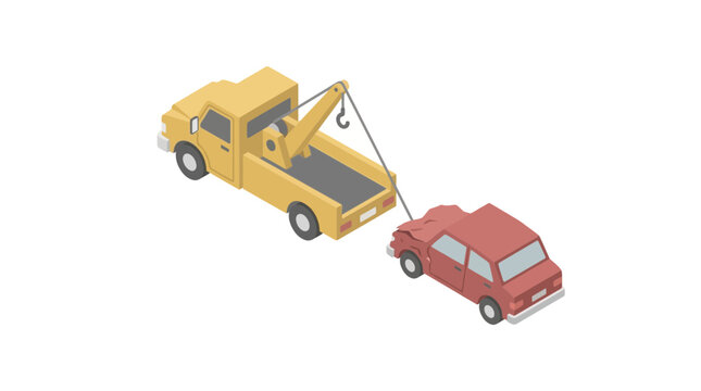 Isometric Yellow Tow Truck Towing a Damaged Red Car