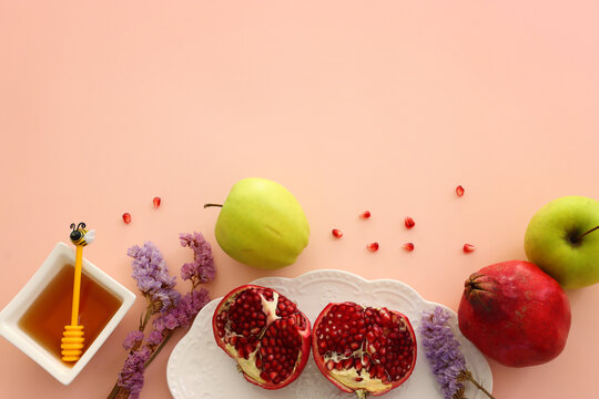 Rosh hashanah (jewish New Year holiday) concept. Traditional symbols
