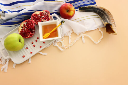 Rosh hashanah (jewish New Year holiday) concept. Traditional symbols