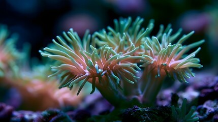 Fototapeta premium Close up of vibrant sea anemones with delicate tentacles glowing under underwater light against a dark blurred background