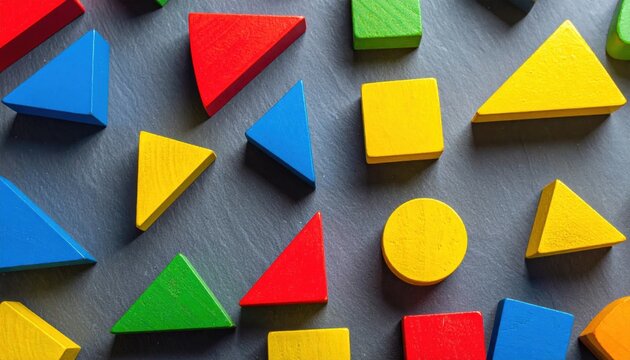 Vibrant wooden geometric blocks in primary colors arranged on a textured surface, perfect for educational play.