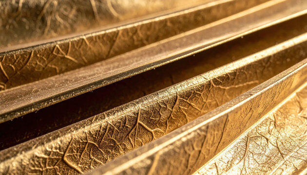 Close-up abstract view of a textured golden metallic surface with intricate patterns and rich detail