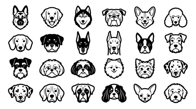 Dog breed head vector icons and pet face symbols showcasing diverse canine breeds, minimalist black outlines and cute puppy portraits, illustrating pet care design and veterinary graphics