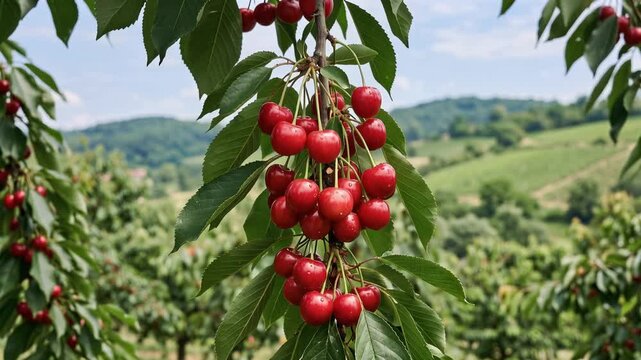 Bunch of bright red ripe cherries hanging from a leafy cherry tree branch, peaceful summer orchard landscape, 4K video