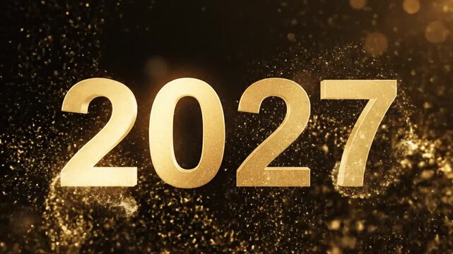 Golden 2027 3D numbers on festive dark background with bokeh