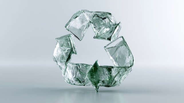 The recycling symbol made of crystal and ice. The symbol is made of three arrows forming a triangle, with each arrow shaped like a piece of crystal and ice