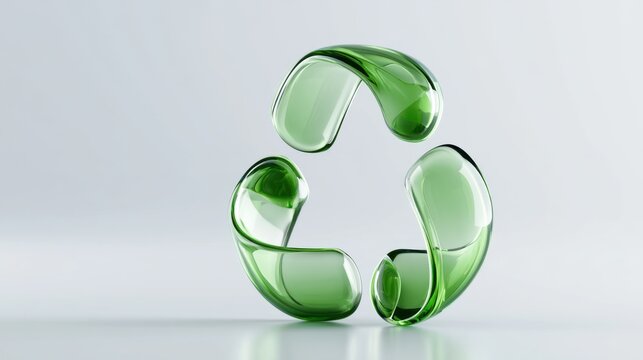 A clear glass recycling symbol with a green tint. The symbol is composed of three chasing arrows forming a triangular shape, symbolizing sustainability and environmental awareness