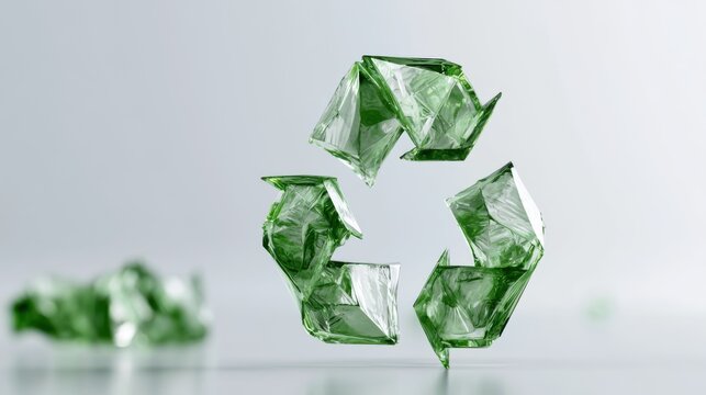 A crystal clear recycling symbol made of green glass fragments, symbolizing environmental protection and sustainability