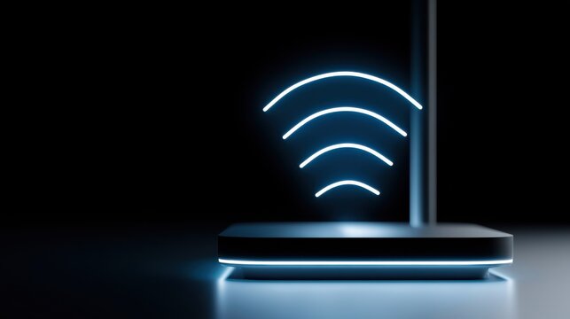A futuristic router emitting glowing Wi-Fi signals in a dark, sleek environment, suggesting advanced connectivity and technology