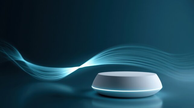 A futuristic smart speaker device with a glowing light ring, set against a dark blue background with abstract light waves