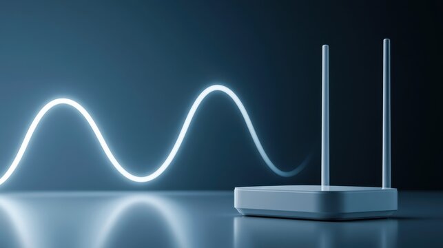 A minimalist depiction of a Wi-Fi router emitting a glowing blue wave, symbolizing wireless connectivity and data transmission. The composition highlights the modern technology in a sleek.