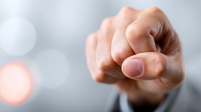 A close-up shot of a person's fist, pointed directly at the viewer, conveying a sense of determination and impact. The background is softly blurred, emphasizing the fist