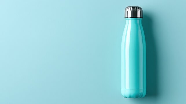A clean, aqua-colored reusable water bottle with a silver lid, resting on a pastel blue surface