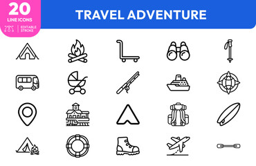 Fototapeta premium Journey set. Tent, backpack, hiking boots, campfire, compass, globe, luggage cart, surfboard, airplane, bicycle, map pin, ferry, stroller, fishing rod, life. Editable stroke. Vector illustration.
