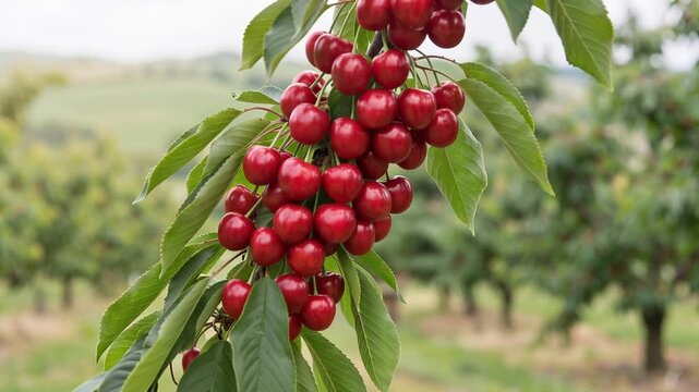 Bunch of bright red ripe cherries hanging from a leafy cherry tree branch, peaceful summer orchard landscape, 4K video