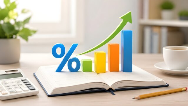 Financial growth and increasing percentage rate concept with colorful bar chart and upward green arrow on open book