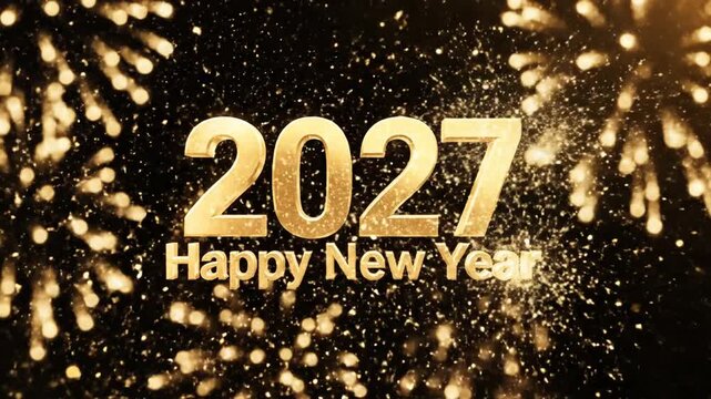 Golden 2027 Happy New Year text with festive fireworks