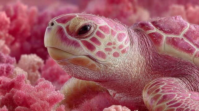 Pink sea turtle emerges from coral, close-up, detailed textures, soft lighting, serene